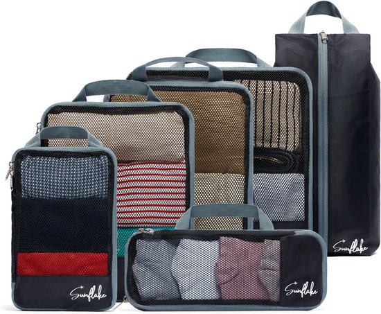 Compressie Pak Kubussen - Koffer Organizer Set - 6 stuks - Rugzak Compressie Kubussen - Met Compressierits - Mesh Zwart - Sunflake