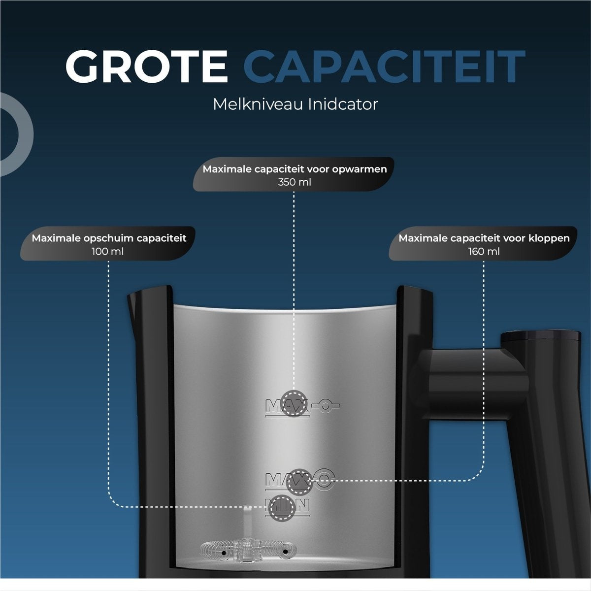 KitchenApp Melkopschuimer elektrisch - Schuimen en verwarmen - 4 in 1 - 350ML - Zwart