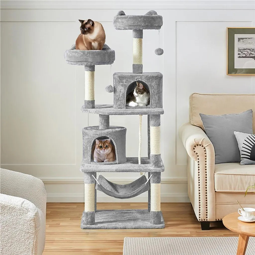 Yaheetech Krabpaal 158 cm - Lichtgrijs - Kattenboom met 2 Kattengrotten, Hangmat en Sisalpalen