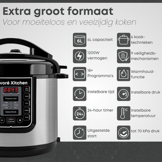 Savoré Kitchen Pressure Cooker 6L – Tot 6 Pers. – PFAS-vrij – 29 × 33,5 cm – Snelkookpan, Rijstkoker, Slowcooker, Stomer, Sous-vide & Multicooker