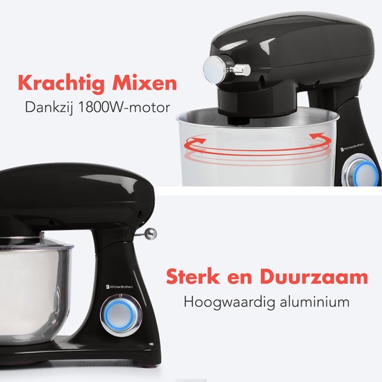 KitchenBrothers Keukenmachine - Keukenmixer met 6L RVS Mengkom - 1800W - Zwart