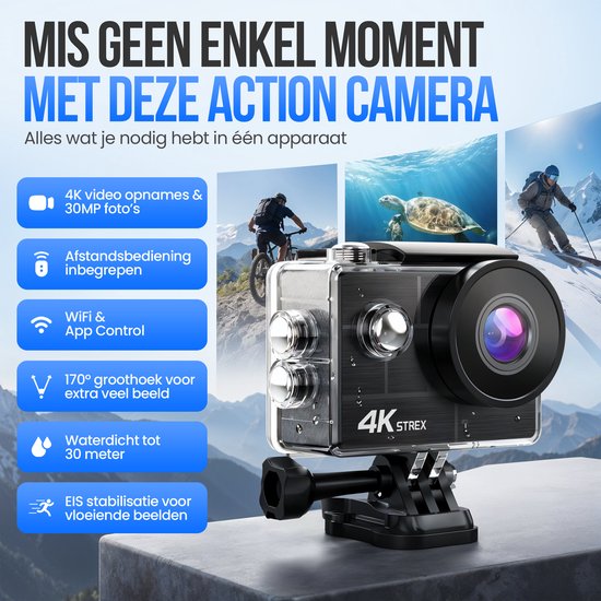 Strex Action Camera 4K 30MP - Tot 30 meter Waterdicht, EIS Stabilisatie & WiFi App - Waterdichte 60FPS Onderwatercamera - Bodycam - Actie camera