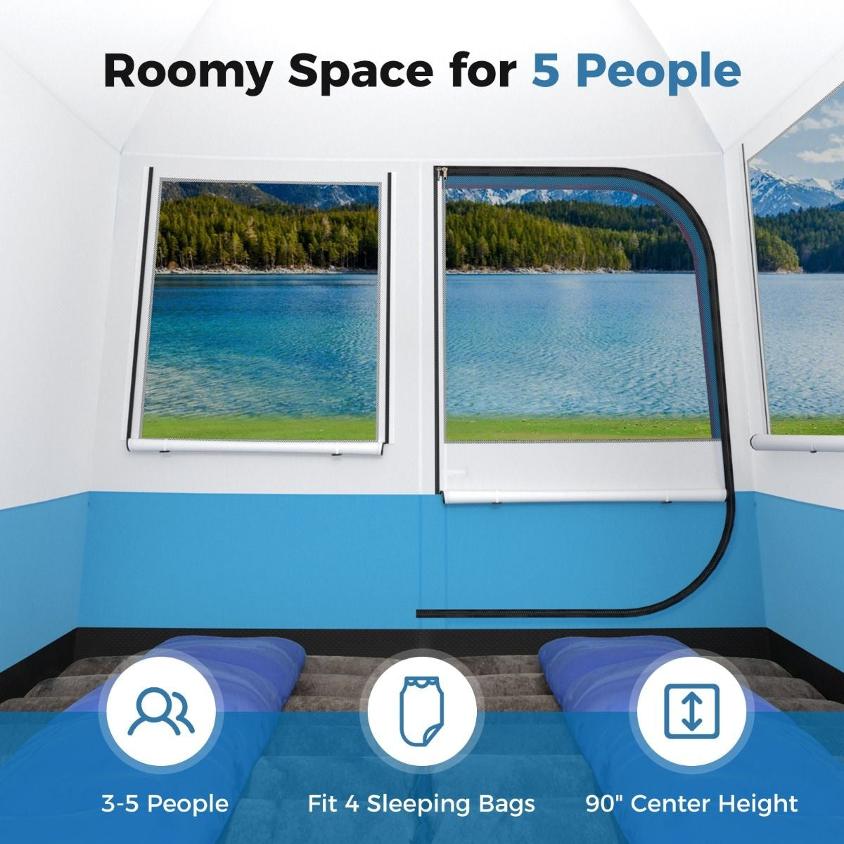 Coast Campingtent voor 5 Personen - Grote Netdeur en Grondzeil - Waterdicht - 248 x 248 x 230 cm - Blauw/Wit