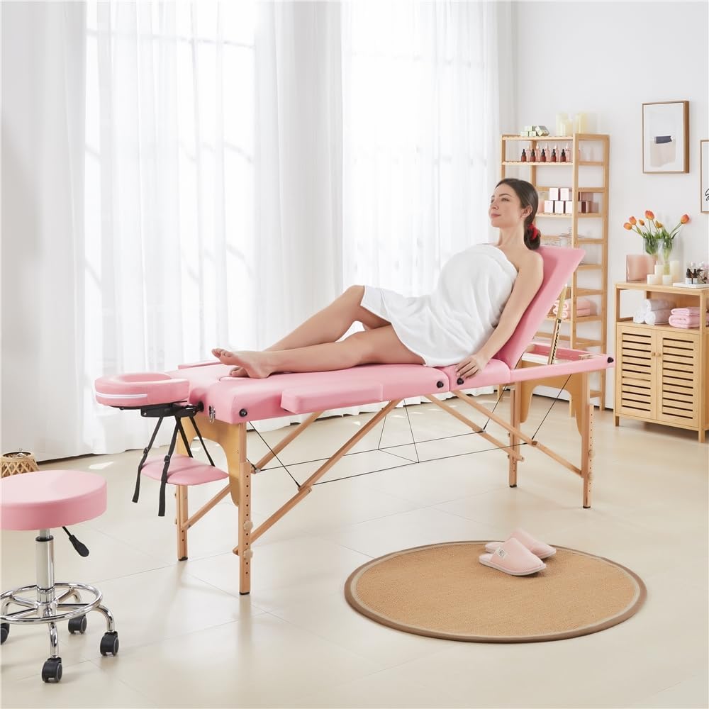 Yaheetech Massagetafel met 3 zones - Inklapbaar - 213 × 80 cm - Lichtroze