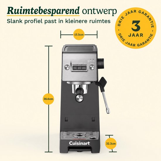 Cuisinart Slim Espresso Pistonmachine voor Espresso Americano en Cold Brew met Geïntegreerde melkopschuimer voor Latte en Cappuccino 15 bar druk bodemloze portafilter Compact design geschikt voor reismokken 1.5L waterreservoir