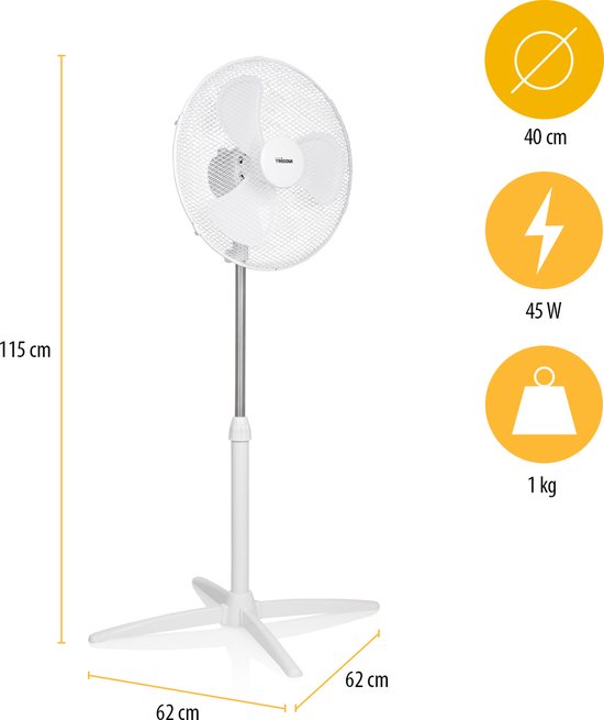 Statiefventilator 40 cm – 45W – 3 Snelheden – 85° Oscillatie – In Hoogte Verstelbaar – Tristar VE-5755 – Wit