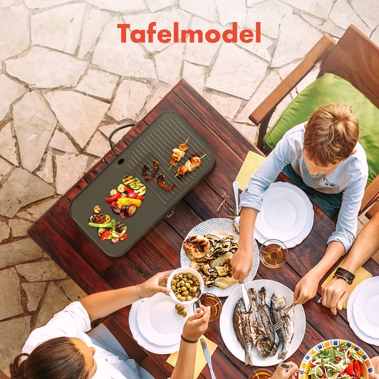 KitchenBrothers Elektrische BBQ - Staand en Tafelmodel Barbecue - Tafelbarbecue - Anti-aanbaklaag - 24x50cm Grilloppervlak - 2200W - Zwart