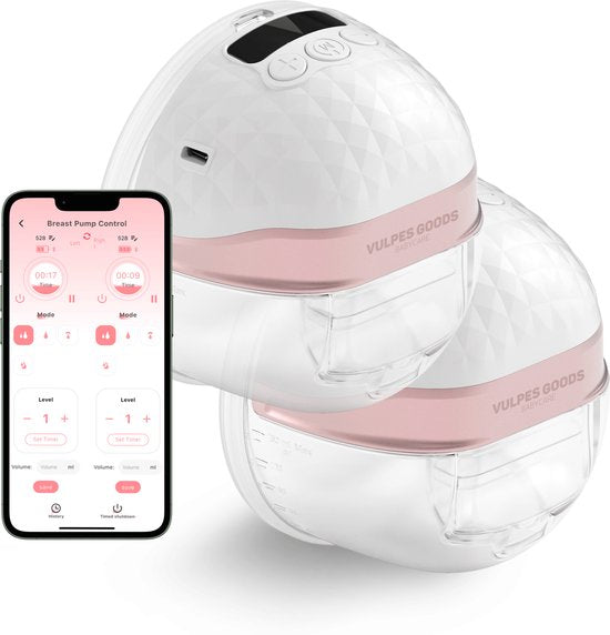 Vulpes Goods® BabyCare - Dubbele Elektrische Draadloze Borstkolf - Handsfree & Draagbaar - met APP bediening - BPA-Vrij - Incl. Borstschildverkleiners, 60 Moedermelk Bewaarzakjes, Reistas & Kolfdagboek - PRO V2