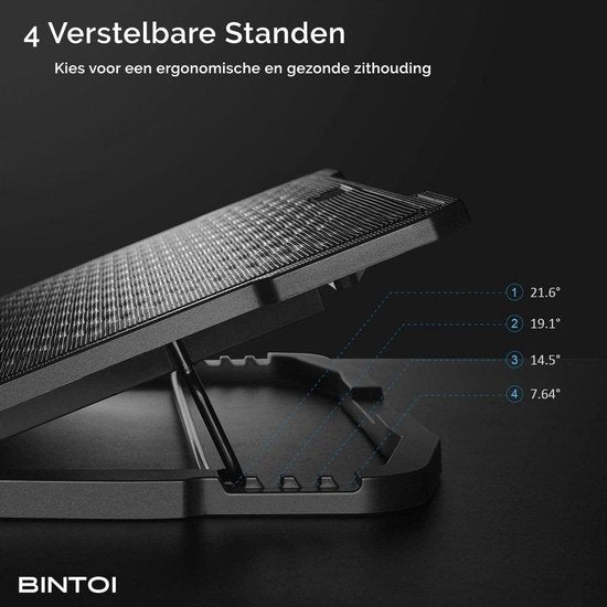 Bintoi® LSE100 – Laptop Standaard Verstelbaar – Tablet Houder – Laptopstandaard Laptoptafel – Laptop Cooler Stand – Laptophouder Laptop Koeler Verhoger – Cooling Pad – 6 Ventilatoren – Cadeau Tip