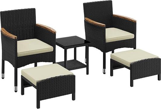 Yaheetech Loungeset - 5-delig - 2 Stoelen/2 Ottomanen/Tafel - PE Wicker - Zwart/Beige