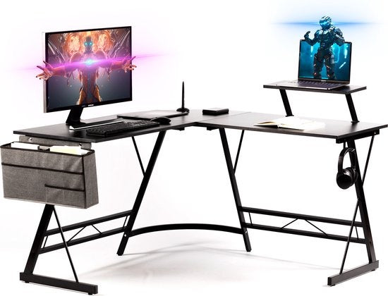 Gadgy Game Bureau Carbon PRO - Gaming HoekBureau 130 CM Breed - Gaming Bureau met Carbon Details - Gaming Desk L-vorm met Koptelefoonhouder, Scherm Verhoging & Opbergmand - Level Up met Gadgy - Zwart Carbon