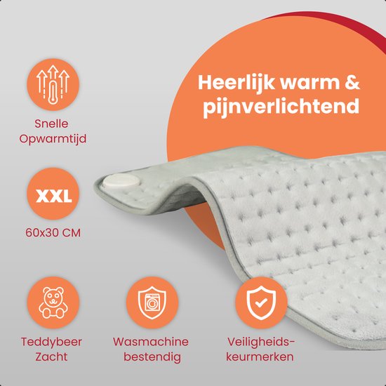 Seranova Elektrisch Warmtekussen voor Rug, Voeten, Nek, Schouders, Buik - Heating Pad - Verwarmingskussen - Wasbaar - 60x30cm - Grijs