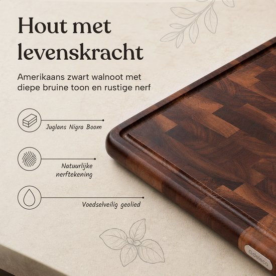 Deleca Walnoot Kopshouten Snijplank met Sapgeul - Hakblok Hout - Anti-slip / Handgrepen – Signature Amerikaans Walnoten Kopshout - 43x33x3 cm