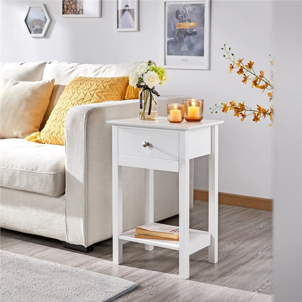 Yaheetech Sfeervol Nachtkastje met Schuiflade en Legplank 40x30x61 cm – Tijdloos Wit – MDF