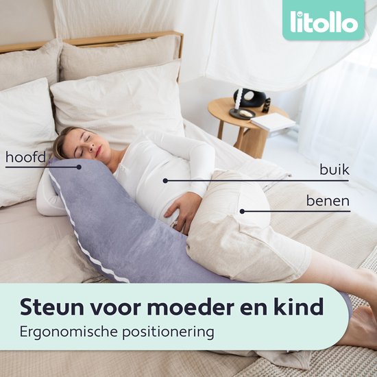 Litollo® Zwangerschapskussen XL - Voedingskussen - Lichaamskussen - Body pillow - 140cm - Afneembare hoes - Grijs - Fleece