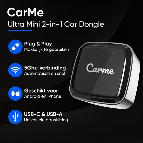 CarMe Ultra Mini 2-in-1 CarPlay Dongle - Draadloos CarPlay & Android Auto - USB-A & USB-C - Android Auto Dongle - Zilver