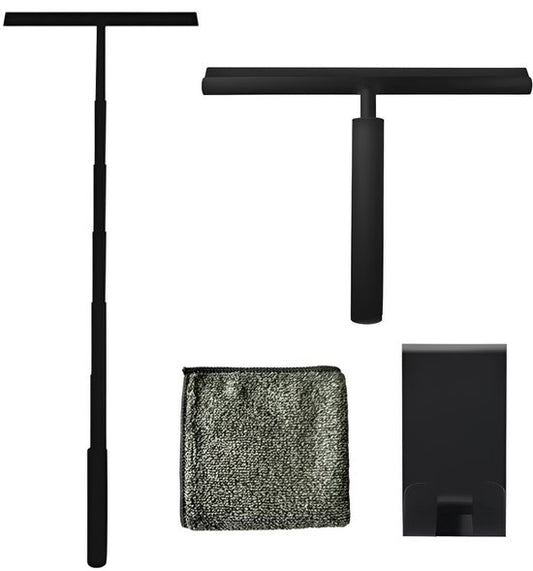 TTD® Douchewisser 2-in-1 met Uitschuifbare Lange Steel - 97 cm - Siliconen Wisserblad - Ergonomisch - Met Microvezeldoek en Ophanghaak - Douche Trekker - Vloerwisser Badkamer - Vloertrekker - Zwart