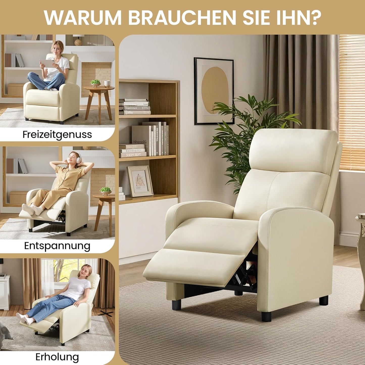 Yaheetech Relaxstoel XL - Verstelbare Ligstoel met Voetensteun - Kunstleer Beige - 87 x 61,5 x 99 cm