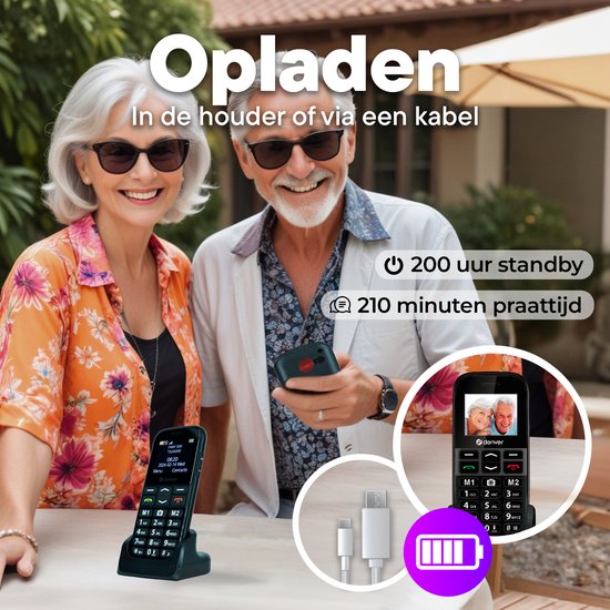 Denver Senioren Mobiele Telefoon 4G - Grote Toetsen - SOS knop - Smartphonevrij opgroeien - Oplaadstation - GSM - Volledig NL en FR - BAS18600L