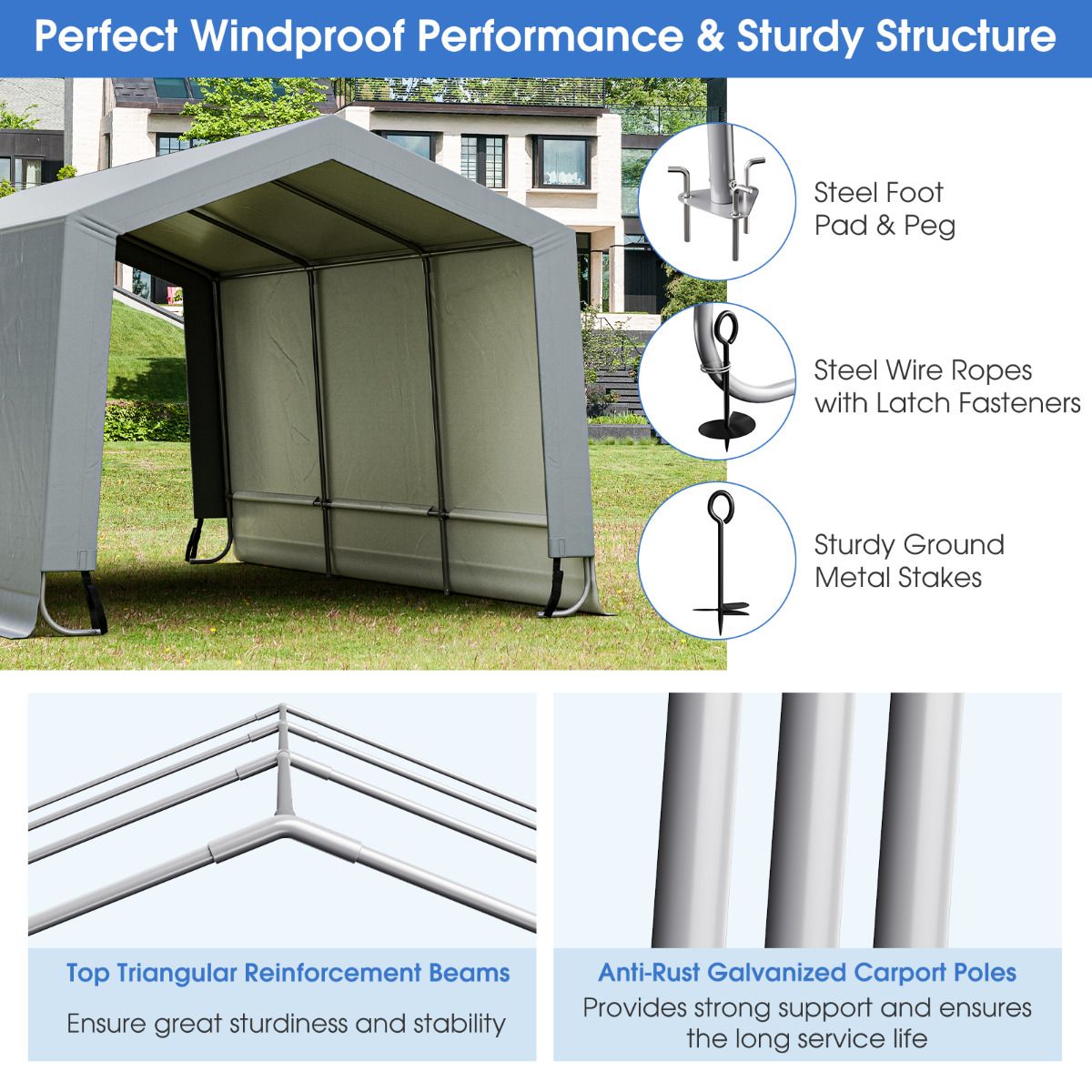 Coast Carport - Gegalvaniseerd Staalframe - 483 x 300 x 240 cm - Grijs