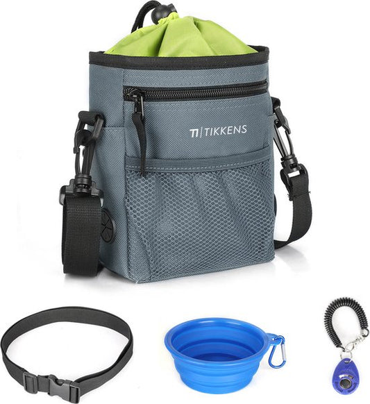 Tikkens Beloningstasje voor Honden - Met Clicker en Opvouwbare Voederbak - Waterdicht en Wasbaar - 25 x 15 x 3 cm - Grijs