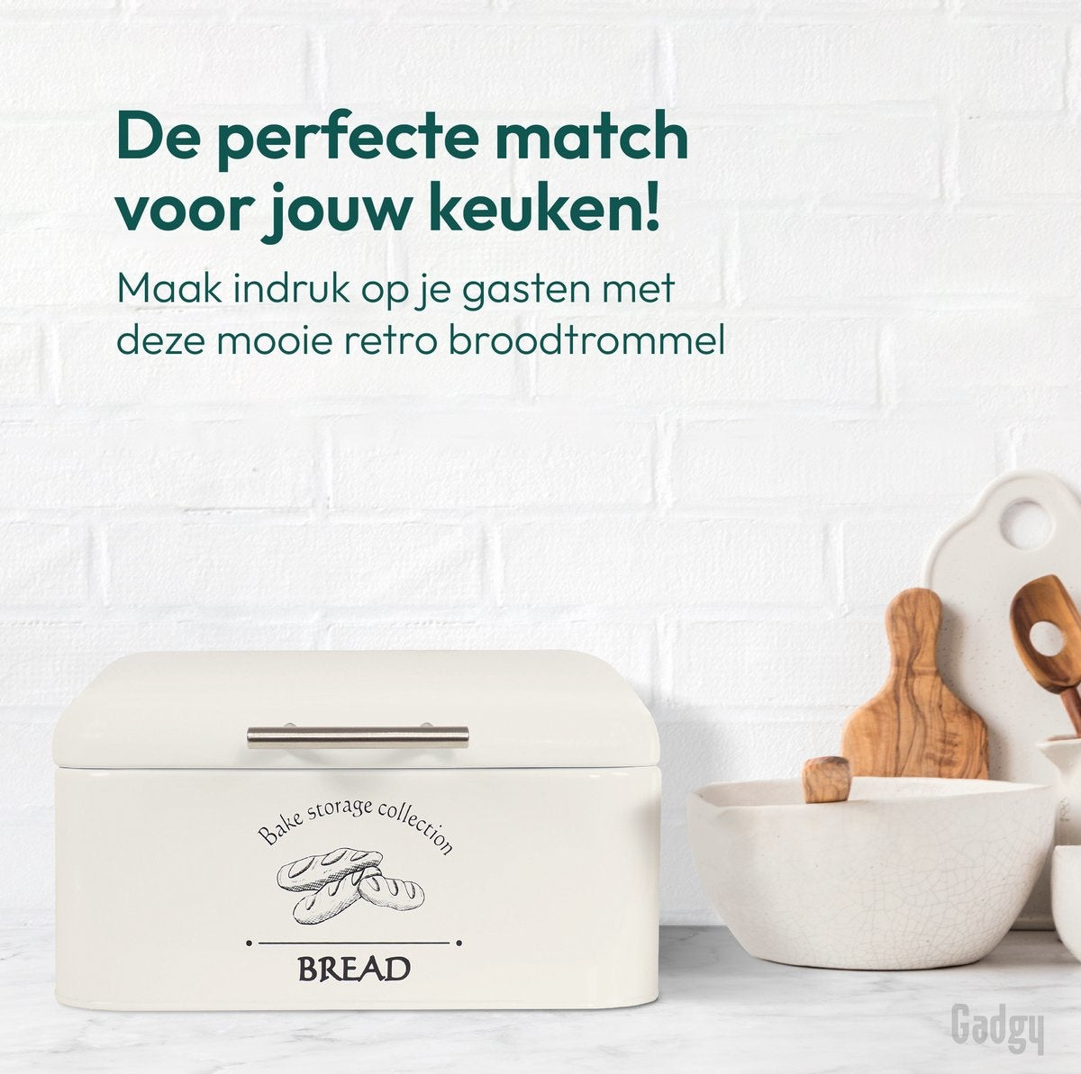 Gadgy Broodtrommel - Met Klepdeksel en Kruimelrek - Brooddoos - Off White - Metaal - Brood Bewaardoos