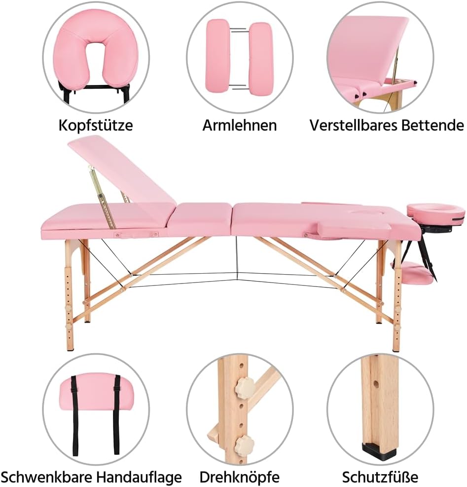Yaheetech Massagetafel met 3 zones - Inklapbaar - 213 × 80 cm - Lichtroze