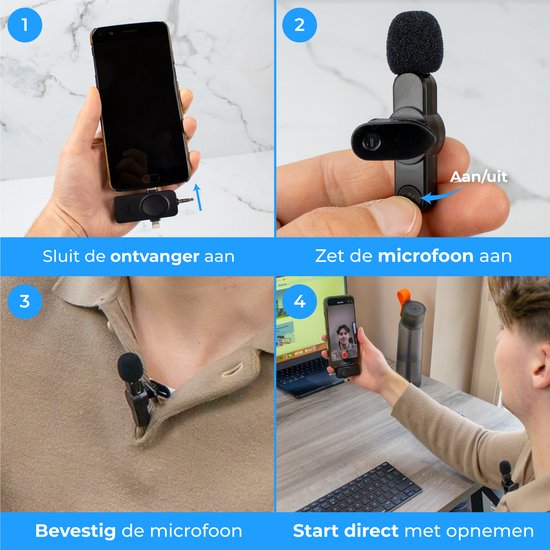 Nuvance - Draadloze Microfoon - 2 Stuks - Geschikt voor Jack 3.5mm, USB-C en Lightning - Dasspeld Microfoon - Lavalier Microfoon Draadloos - Microfoons - Plug & Play