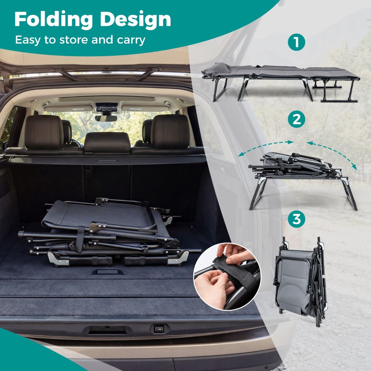 Coast Opvouwbaar Campingbed 3-in-1 - verstelbare rugleuning - hoofdsteun - grijs en zwart