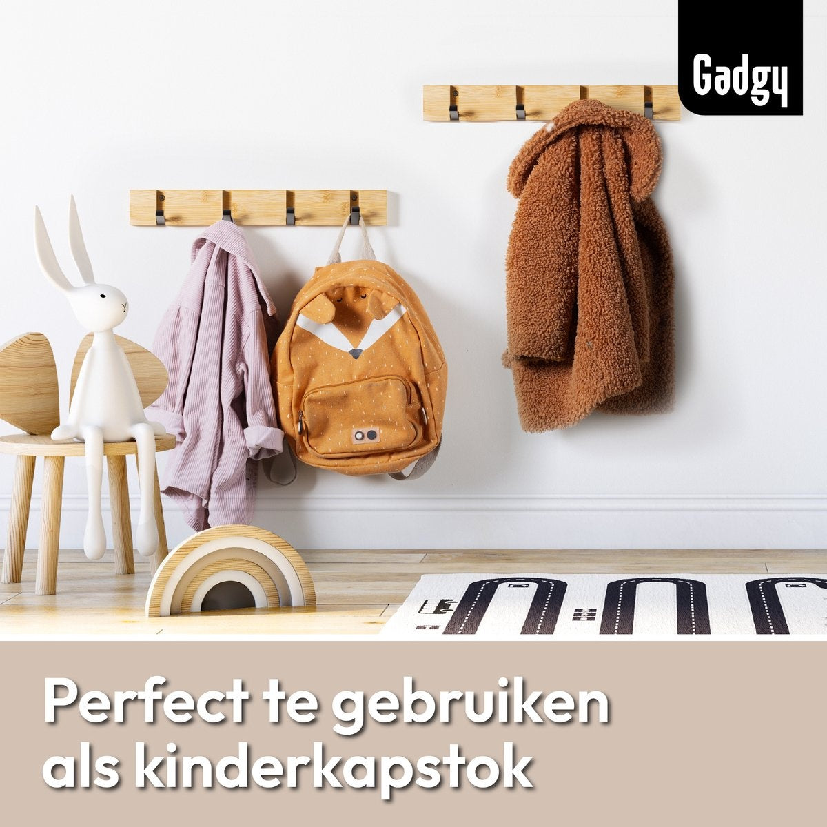 Gadgy Kapstok Hangend - Wandkapstok Hout Wand - Kinderkapstok met 8 Inklapbare Haken Zwart - Muur Kleerhanger Bamboe - Set van 2 - Max. 15kg draagkracht