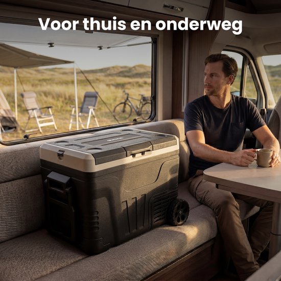 Auronic Elektrische Koelbox - Compressor - 2 Zones - 45L - 12/24V en 240V - Koelen en Vriezen - Camping Koelkast - Frigobox Auto - Met Wielen en Hendel - Zwart