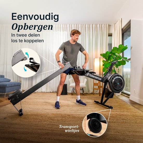 Flowsense Roeitrainer op Luchtweerstand – Professionele Roeimachine – 10 Weerstandsniveaus – Inklapbaar – Full Body Workout – Bluetooth App & LCD Monitor – Max. 200 kg – Roeitrainers - Voor Thuis & Sportschool