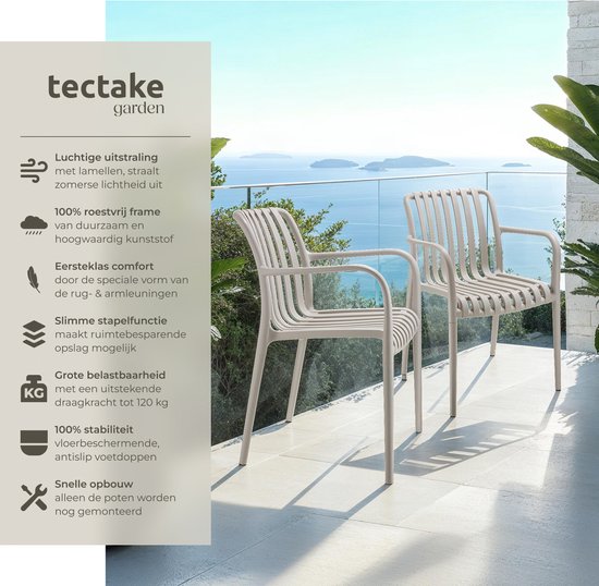 tectake® Set van 4 Tuinstoelen Alcudia - Taupe - Kunststof Stoelen met Armleuning- Stapelbaar - Stoelen voor Tuin, Terras of Balkon - Weerbestendig en UV-bestendig - Draagkracht 120kg per Tuinstoel