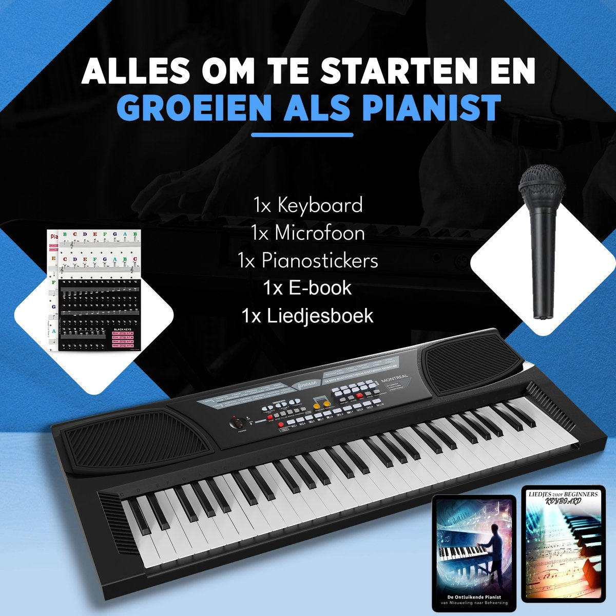 finesse Montreal keyboard piano 54 toetsen – digitale & elektrische piano – pianostickers – e-learning – Montreal – 71,7 x 32,2 x 10,4 cm