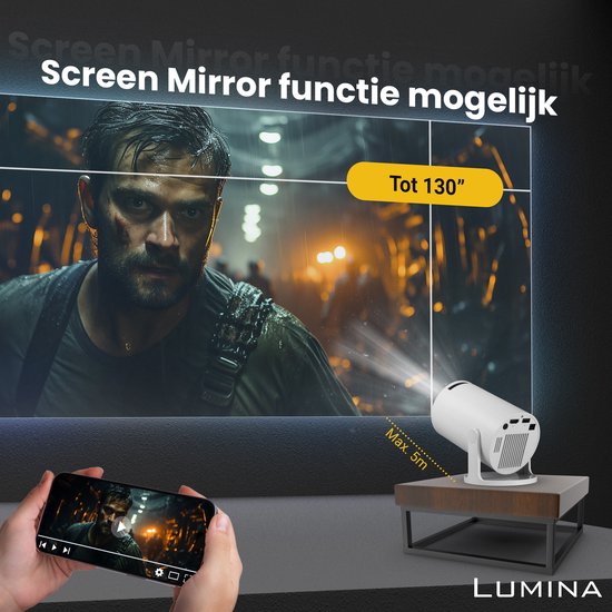 Lumina Mini Pro Beamer - Thuisbioscoop - Projector - Android 11.0 - WiFi 6 & Bluetooth 5.2 - 4k Beeldkwaliteit - Projectorscherm - Wit
