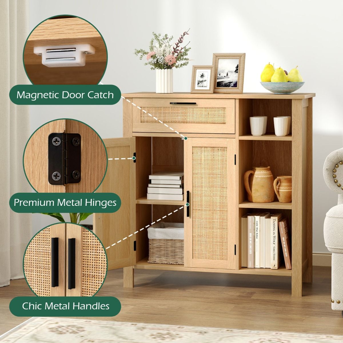 Coast Houten Dressoir - Rotan deuren en lade - Verstelbaar rek - Naturel 75 x 30 x 80 cm