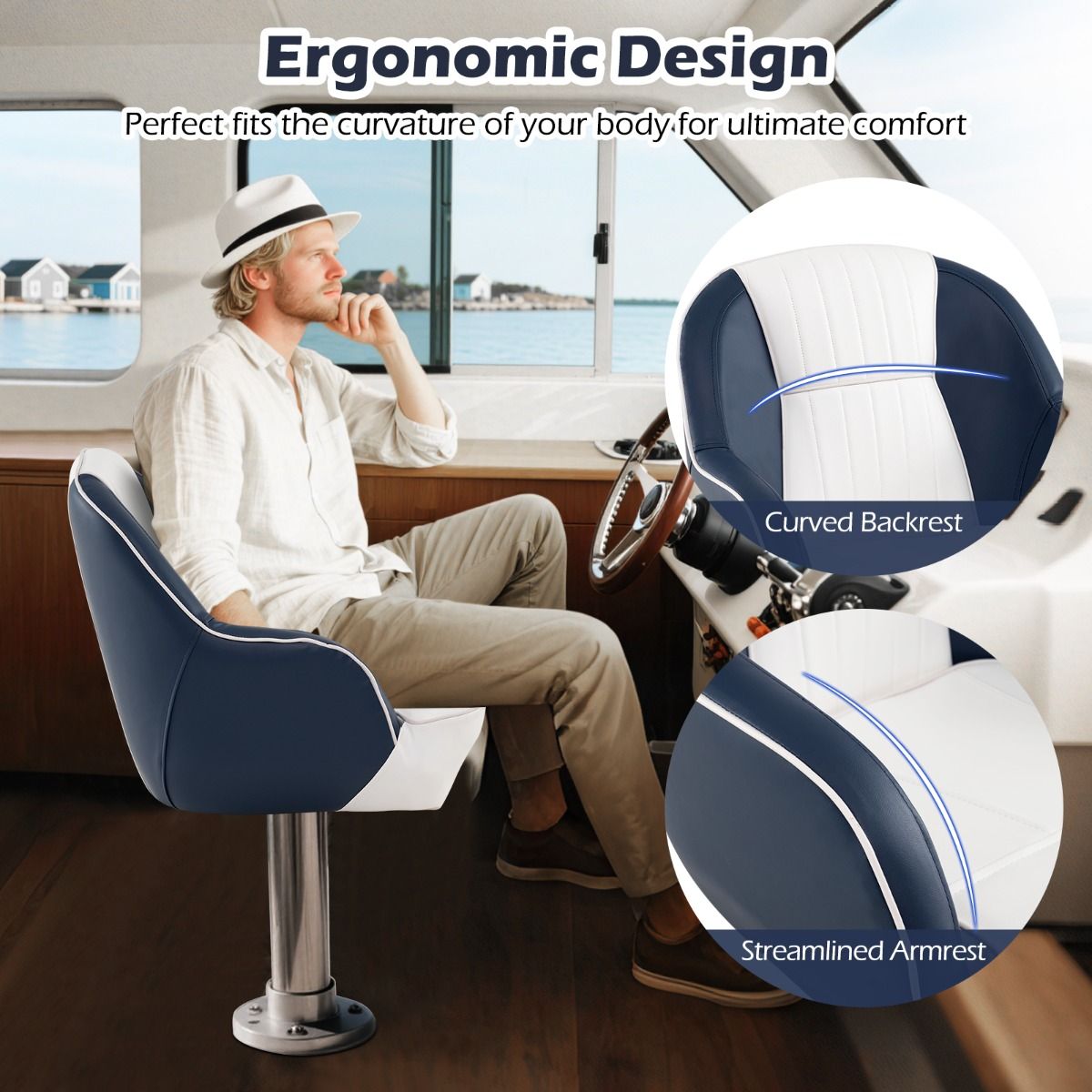 Coast Kapiteinsstoel voor boot - dikke schuimvulling - waterdicht PVC-leer - blauw en wit