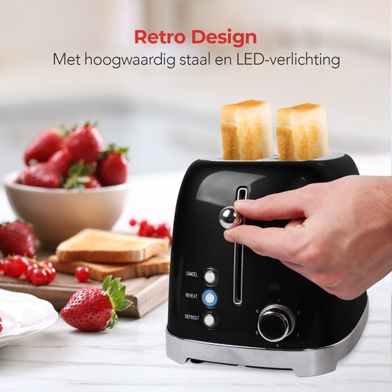 KitchenBrothers Retro Broodrooster - Toaster - 6 Warmteniveaus - 2 Extra Brede Sleuven - 815W - Zwart