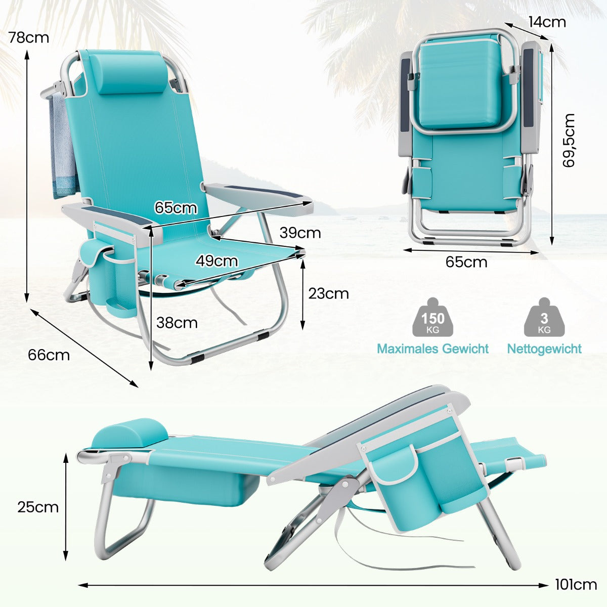 Coast Strandstoel - 2 stuks - Inklapbaar - Max. 150 kg - 66 x 65 x 78 cm -Blauw