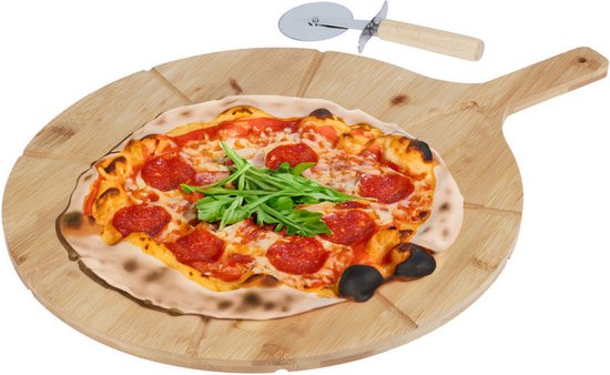 Excellent Houseware Pizza serveerplank met pizzasnijder - bamboe - 38 cm - dubbelzijdig - pizzabord
