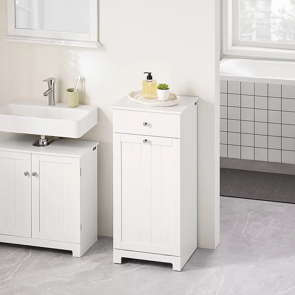 Sobuy Badkamerkast Wasmandkast – Voorzien Van 1 Uitneembare Wasmand En 1 Deur En 1 Schuiflade – Voor Badkamer En Wasruimte – Wit Gelakt Mdf – 40 x 38 x 90 cm