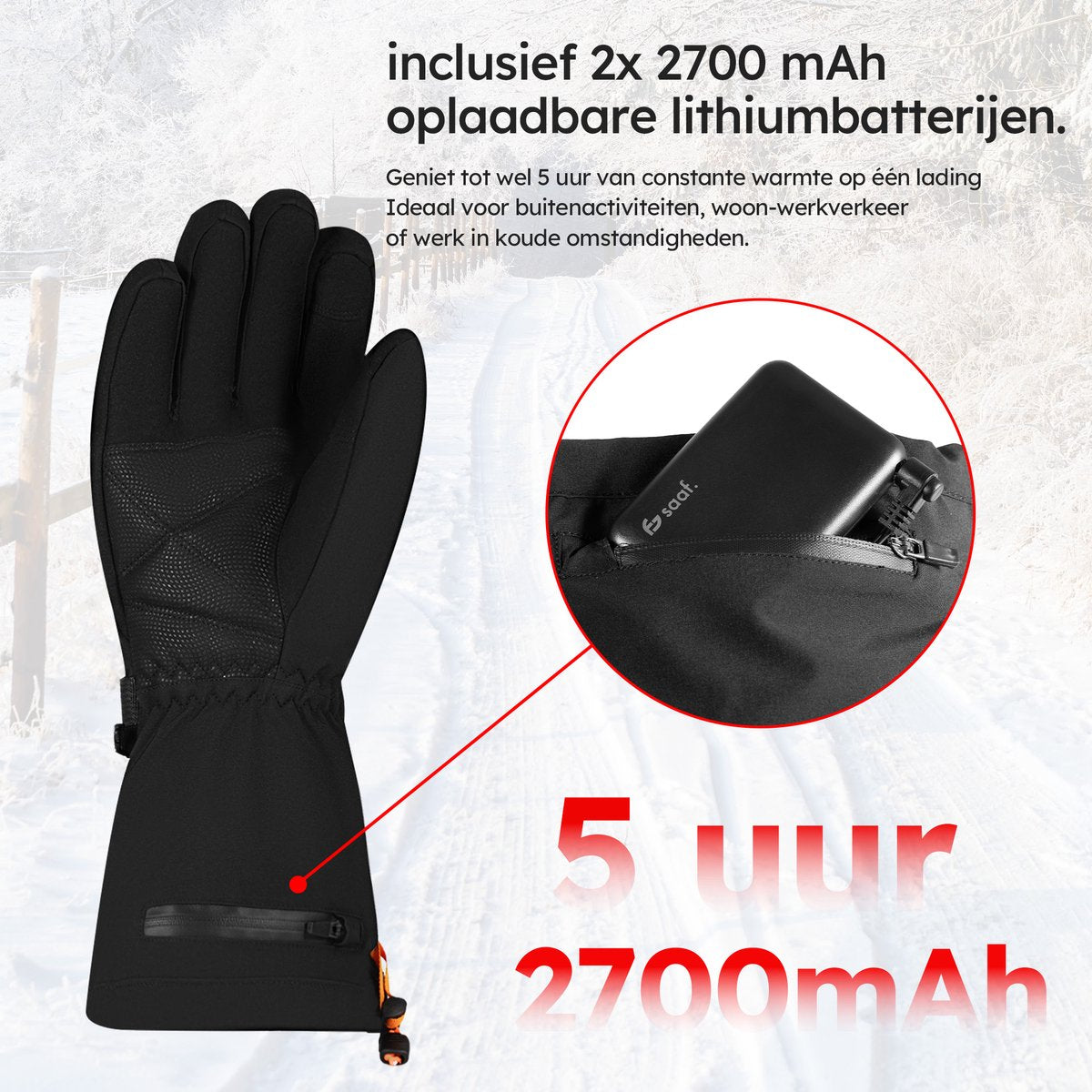 Saaf Verwarmde Handschoenen Premium S – Oplaadbaar met Powerbanks – 3 Warmtestanden – Water- en Windafstotend – Touchscreen – Zwart – 31 x 11 cm