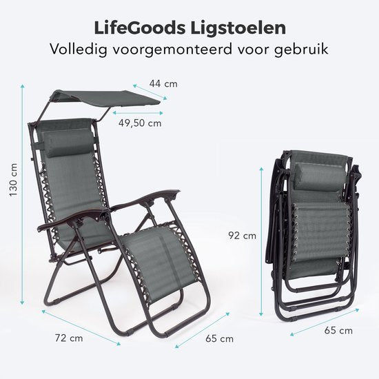 LifeGoods Opvouwbare Tuinstoelen - Verstelbaar Zonnescherm - Ligstoel Tuin - 2 Stuks - 30°-90° Verstelbaar - Metaal - Donkergrijs