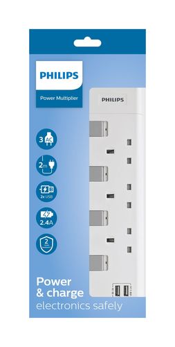 Philips 3-weg Stekkerdoos 230V – 2 Meter Kabel – 3 Stopcontacten – Wit – Veilige Verlengstekker
