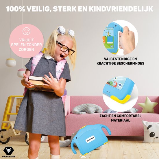 Vulpes Goods® Kids - Kindertablet - Tablet Kinderen - Ouder Control App - 100% Kids Proof - 3500 mAh - Android 10 Go - Incl. Ingebouwde Beschermhoes, Screenprotector & Oogbescherming - 32 GB - Met Touchscreen Pen- PRO versie - Blauw