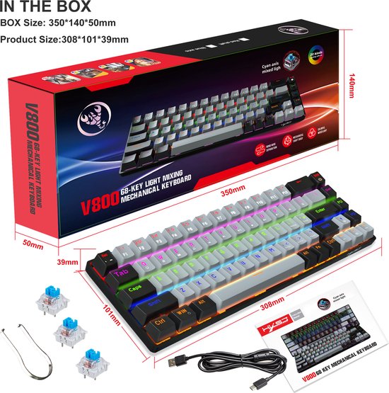 HXSJ V800 RGB Mechanisch gaming toetsenbord - QWERTY - 68 Keys - Blue Switch - Zwart grijs