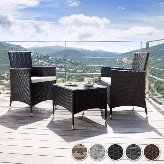 tectake® - wicker meubelen tuinset met verwisselbare hoezen, 2 stoelen en tafel met glazen blad, 2x outdoor loungestoelen met armleuningen en tuintafel, tuinmeubelset, balkonmeubilair - lichtgrijs - poly-rattan