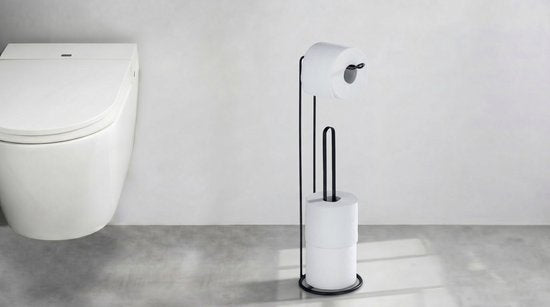 WENKO Toiletrolhouder 2-in-1 Lugano mat zwart staal - Reserverolhouder - Toiletpapier houder vrijstaand - WC Rolhouder staand - Zwart