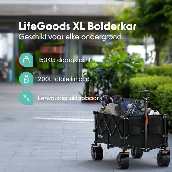 LifeGoods Bolderkar - XL - Opvouwbaar - 200L - 100KG Draagkracht - Zwart