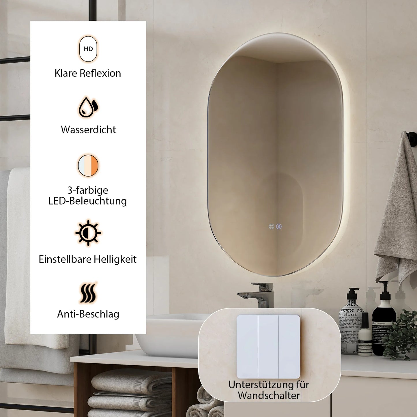 Coast – Led-spiegel Badkamerspiegel – 80 cm x 50 cm & Anti-condens – Voorzien Van Dimbare Driekleurige Verlichting En Smart-touch – Voor Badkamer En Make-upstudio – Zilver Glas En Aluminium